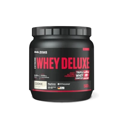 Immagine di Body Attack Extreme Whey Deluxe, biscotti, proteina in polvere con aminoacidi e Triplo Complex Isolate, a basso contenuto di zuccheri grassi, lattina da 500g, Made Germany
