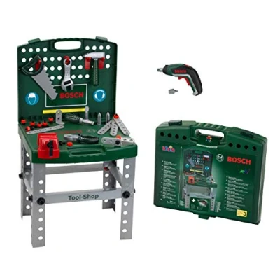 Immagine di Theo Klein 8676 Tool Shop Bosch, Con avvitatore a batteria Ixolino Bosch alimentato batterie, Richiudibile e facilmente trasportabile, Dimensioni: 41,5 cm x 8,5 76,5 cm, Giocattolo per bambini partire dai 3 anni di età