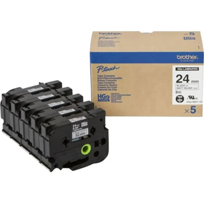 Immagine di Brother HGe M951V5 Cassetta nastro Kit da 5 Colore Nastro: Argento (opaco) carattere: Nero 24 mm 8 m