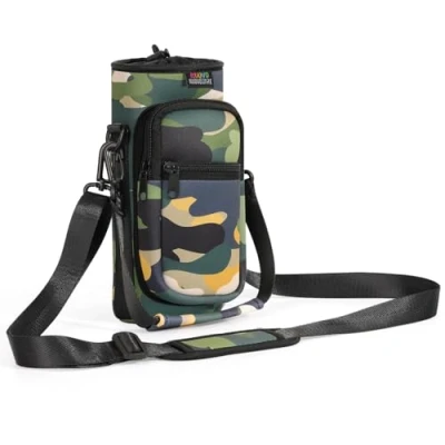 Immagine di Nuovoware Borsa per Borraccia in Neoprene da 750ml, Custodia Bottiglia con Tracolla Regolabile Maniglia e Tasche Portatile Porta Ciclismo, Campeggio, Verde mimetico