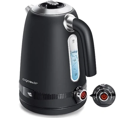 Immagine di Aigostar Loki Bollitore Elettrico Temperatura Regolabile 40 100 ℃, in Acciaio Inox con Display Digitale LED, 1,7 Litri 2200W, Funzione di Mantenimento Caldo, Senza BPA, Nero