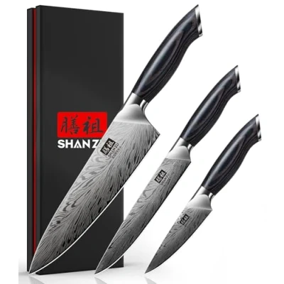 Immagine di SHAN ZU Set di 3 Coltelli in Acciaio a Polvere da Cucina Professionali ad Alto Tenore Carbonio Chef Include Coltello Multiuso per Sbucciare