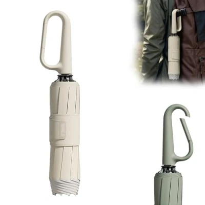Immagine di QEOTOH Ring Buckle Umbrella, Auto Open Close Lightweight Compact Portable Windproof Travel Automatic Umbrella Folding with Carabiner Handle and Reflective Safety Strip (White)