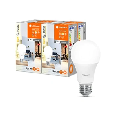 Immagine di LEDVANCE SUN@HOME lampada LED, E27, con 9W sostituisce 40W, 750 Lm, luce solare al camino (2200 5000K), CRI95, WIFI intelligente controllabile tramite Alexa, google e app, confezione da 4