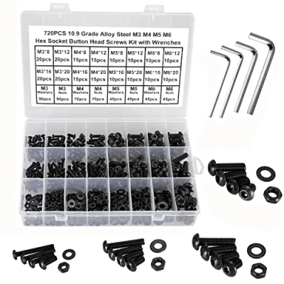Immagine di FandWay 720 Pezzi Vite Testa Bottone,M3 M4 M5 M6 Kit di Bulloni e Dadi Con Rondelle,Viti a Esagono Incassato Viti Macchina Acciaio al Carbonio Classe 10.9 Nero 4 Chiavi per Garage Casa DIY.