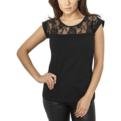 Immagine di URBAN CLASSICS Maglietta Donna a Maniche Corte con Inserti in Pizzo Motivo Floreale, Elegante Cotone, Nero, XL