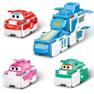 Immagine di Super Wings 3 in 1 base Transformer e auto reversibili. Giocattolo per bambini bambine dai anni su, tascabile, blu