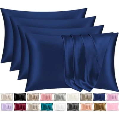 Immagine di Pamposh federe in raso di seta per capelli e pelle, confezione da 4 pezzi, dimensioni standard con chiusura a busta (4 (50 x 75 cm), blu navy)