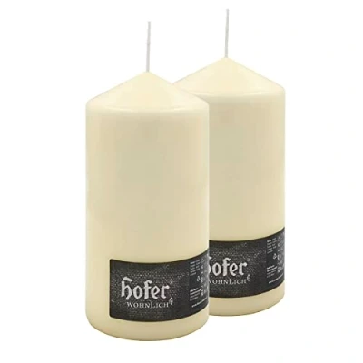 Immagine di Hofer Candele Grandi Avorio a Colonna 10 x 20 cm 2 Decorative Cilindriche Lunga Durata di 110 Ore Cera Antigoccia, No Fumo Non Profumate Qualità RAL
