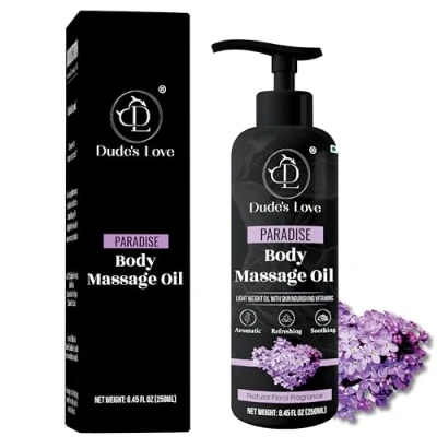 Immagine di Dude&#039;s Love Olio da massaggio commestibile per il corpo floreale alla lavanda Rilassante, calmante e antimacchia aromaterapia non appiccicoso con fiori d&#039;arancio 250 ML