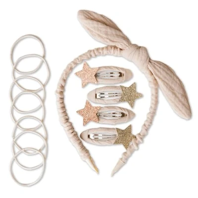 Immagine di Papierdrachen Speciale set di accessori per capelli con cerchietto, fermagli capelli, elastici combinati tessuto mussola alta qualità beige ragazze e donne