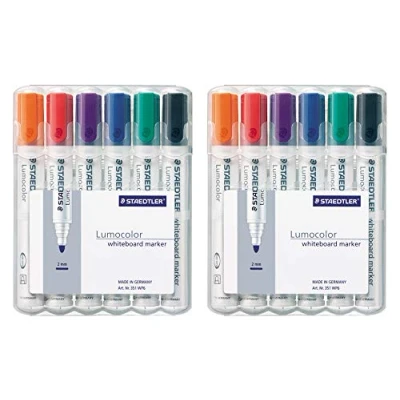 Immagine di Staedtler Lumocolor 351 WP6 Pennarello per lavagna bianca, punta tonda ca. 2 mm di larghezza, set da 6 colori (2 custodie)