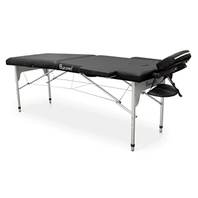 Immagine di QUIRUMED Lettino da massaggio pieghevole Easy in alluminio, colore nero, 186 x 66 cm, similpelle, leggero, portatile, testa rimovibile, foro facciale, braccioli rimovibili, altezza regolabile