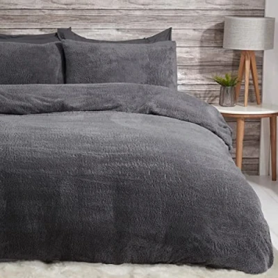 Immagine di Sleepdown Set di biancheria da letto con copripiumino e federe, in pile orsetto, termico, caldo accogliente, super morbido, colore: antracite, per king size