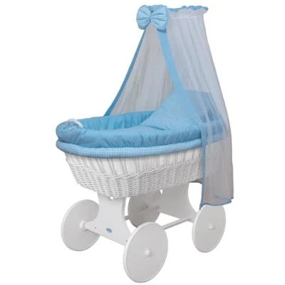 Immagine di WALDIN Culla con cappotta,Culla ruote XXL,IN 18 VARIANTI,telaio/ruote laccato in bianco,colore tessile blu/a quadri