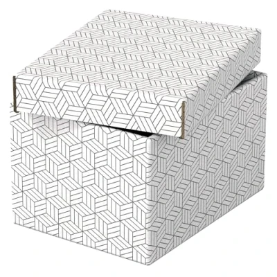 Immagine di Esselte Set di 3 Contenitori Piccoli con Coperchio in Cartone Riciclato e Riciclabile al 100%, Ottimali per lo Stoccaggio o come Confezione Regalo, Design Geometrico, 200 mm x 150 255 mm, Bianco