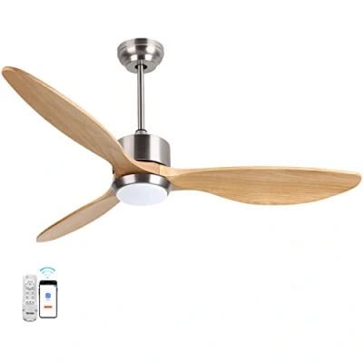 Immagine di Ovlaim 132 cm Ventilatore da soffitto con luce e telecomando, 6 velocità, LED in 3 colori, motore DC, timer, per soggiorno, camera letto, Legno Naturale