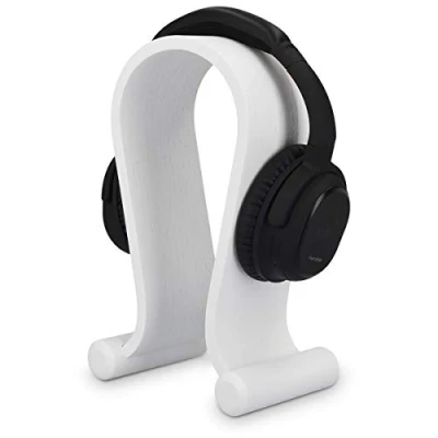Immagine di kalibri supporto porta cuffie in vero legno stand portacuffie da tavolo base universale cablate o wireless design minimal bianco