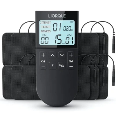 Immagine di LIORQUE Elettrostimolatore Muscolare TENS/EMS/FITNESS 3 in 1, 50 modalità, 10 pezzi di elettrodi TENS, 16 livelli intensità per alleviare il dolore