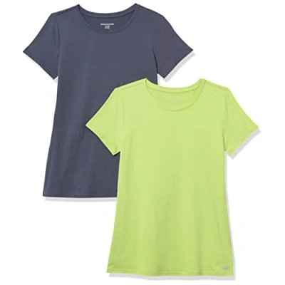Immagine di Amazon Essentials T Shirt Girocollo a Maniche Corte Tech Stretch (Disponibile in Taglie Forti) Donna, Pacco da 2, Grigio Ardesia/Verde Lime, XS