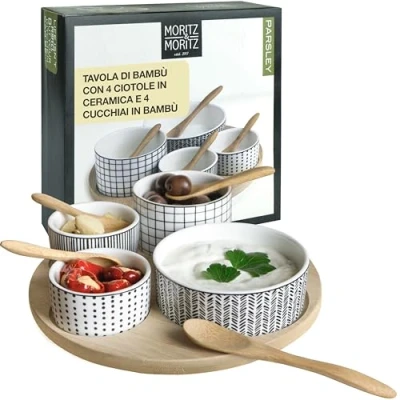 Immagine di Moritz &amp; 7 pz. Serving Set Bay Leaf ciotole in ceramica vassoio ardesia e cucchiaio di bambù per salse snack antipasti dessert