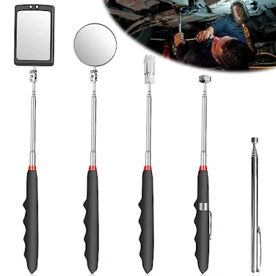Immagine di Leikurvo Set di 5 specchi ispezione a scomparsa: specchio telescopico magnetico con lampada LED, quadrato e rotondo, manico 360 rotabile