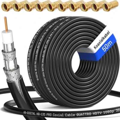 Immagine di HB Digital 50m Cavo Coassiale HQ 135 d&#039;Antenna 135dB SAT 8K 4K UHD 4 Volte Schermato per Sistemi DVB S / S2 C C2 T T2 DAB+ Radio BK + 10 F Plug GRATUITAMENTE