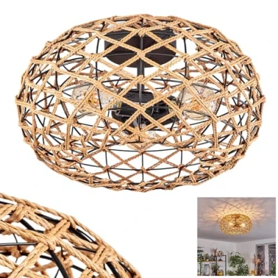 Immagine di plafoniera mulstrand, moderna lampada da soffitto in legno/rattan/metallo naturale/nero, stile bohémien con grande effetto luminoso sul soffitto, Ø 40 cm, 3 luci, lampadine E27, senza