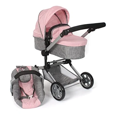 Immagine di Bayer Chic 2000 passeggino per bambole Linus, combinato 3 in 1 bambini dai 4 agli 8 anni, set bambole, grigio melange, rosa, 72 x 41,5 82 cm