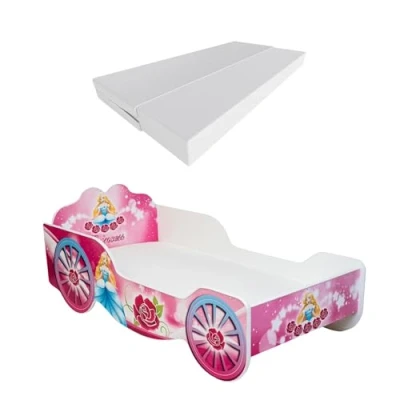 Immagine di KOBI Letto Bambini Auto Tema Principessa in Carrozza 140 x 70 CM Forma Macchina per Bambino Lettino Singolo Lettini Bambina con Materasso