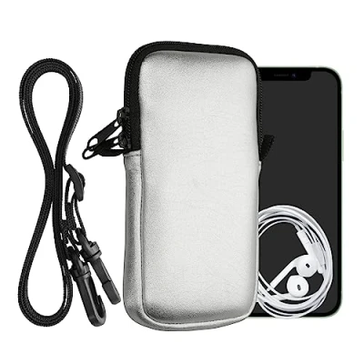 Immagine di kwmobile Custodia in Neoprene con Zip per Smartphone Portacellulare a Tracolla Porta Cellulare da Collo Universale Borsa Cover Telefono argento metallizzato