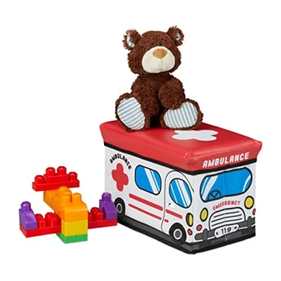 Immagine di relaxdays Baule Portagiochi, Ceste Portaoggetti, Contenitore con Coperchio Imbottito, Bambini, 27 x 40 25 cm, Bianco, Pannelli MDF, PVC, gommapiuma, Inmbulance, 1 pz