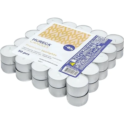 Immagine di Horeca Candles Candele Tealight Bianche Durata 8 Ore di Combustione Set da 50 Candeline Non profumate Lumini per Matrimonio, Decorazione, Gastronomia