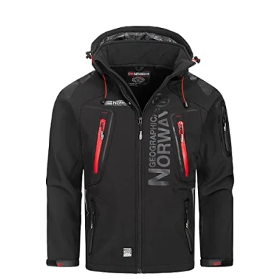 Immagine di Geographical Norway TECHNO MEN Giacca Softshell Zip Impermeabile Da Uomo Cappuccio Traspirante Tattico Antivento Calda Invernale Ideale Per Le Attività All&#039;aperto (NERO M)