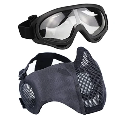 Immagine di Aoutacc Set di accessori protettivi per softair, maschera a metà viso in rete con protezione le orecchie, e occhialini CS / caccia paintball tiro, Ty.
