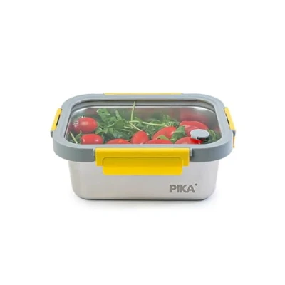 Immagine di Pika Contenitore per alimenti in acciaio inox e coperchio vetro temperato Ermetico leggero Compatibile con microonde, forno, congelatore MetalShock (3 1200ml)