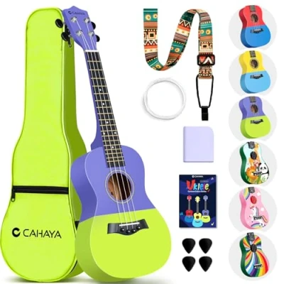 Immagine di CAHAYA Ukulele Soprano da 23 Pollici: in Tiglio con Custodia Portatile, Tracolla Regolabile Spartiti Corde di Ricambio Panno per la Pulizia e 4 Plettri, Adatto Principianti, Viola Verde