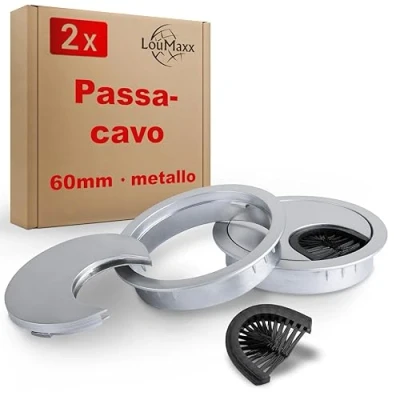 Immagine di LouMaxx Passacavi 60 mm Ø set di 2 in Metallo Cromato Opaco Per Scrivania, con Guarnizione Antipolvere più Ordine e Pulizia sul Posto Lavoro