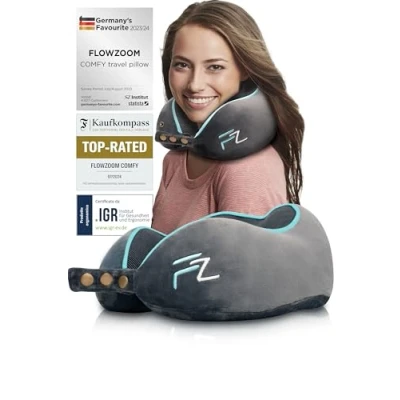 Immagine di FLOWZOOM COMFY Cuscino da viaggio Memory Foam cervicale aereo Poggiatesta auto ergonomico per il collo Federa lavabile Grigio Taglia unica