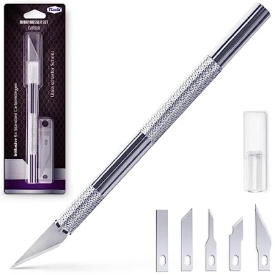 Immagine di Filzada® Cutter di precisione con 5 lame Taglierino (diferentes formas) Bisturi modellismo/taglierino precisione/Knife in argento per tagliare carta, modelli, pellicola finestre, tessuti