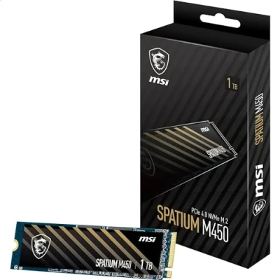 Immagine di MSI SPATIUM M450 SSD 1TB PCIe 4.0 NVMe M.2 Interno, 3600 MB/s Lettura, 3000 Scrittura, 3D NAND, Sicurezza Dati Integrata, Center, Copertura 5 Anni (600 TBW)