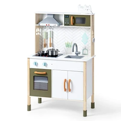 Immagine di ROBUD Set di giocattoli da cucina per bambini, in legno con luce e suono, accessori cappa, forno a microonde, bambini dai 3 anni su