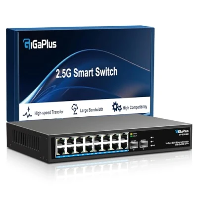 Immagine di Switch Ethernet non gestito da 18 porte 2.5 Gb con 16 Base T 2.5G, 2 SFP+ 10G. di rete GiGaPlus 2.5Gbps per NAS/PC 2.5Gbps, AP wireless, router WiFi6. Design Senza Ventole