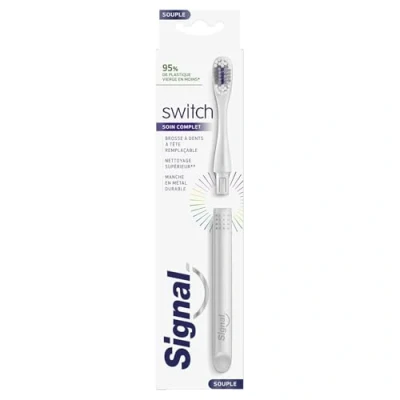 Immagine di Signal Switch Spazzolino da denti morbido, cura completa, manico in metallo riutilizzabile, teste sostituibili, 100% riciclabile, nero o argento, starter kit (manico + testa) x1