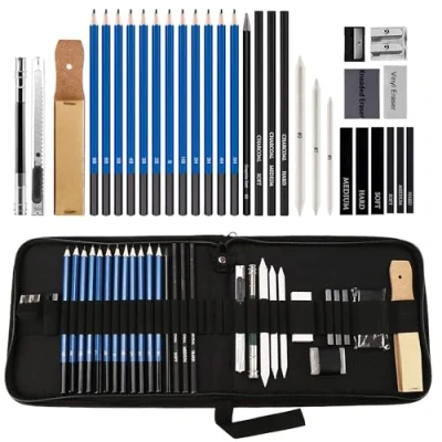 Immagine di MEIJMJIA YMTECH Set di matite per schizzi, 33 pezzi Schizzi e disegni arte professionale con matita grafite carbonio carta temperamatite gomma in un astuccio