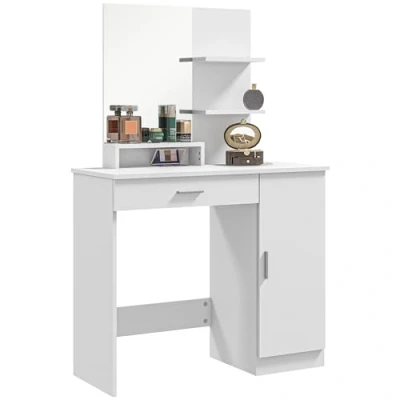 Immagine di HOMCOM Tavolino da Trucco con Mobile Anta, Cassetto, Specchio per e Ripiani Aperti, Tavolo in Truciolato, 90x38x138 cm, Bianco
