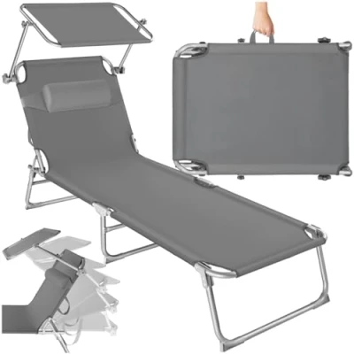 Immagine di TecTake® Lettino, Sedia a Sdraio con Parasole, Schienale Regolabile in 4 Posizioni, Rivestimento Resistente, Giardino, Spiaggia, Lettino da Sole, pieghevole Grigio