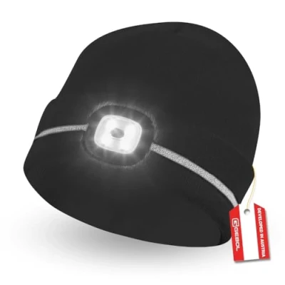 Immagine di Gebol Berretto a LED nero, lampada frontale maglia Beanie con strisce riflettenti porta USB per la ricarica 60 minuti di luce 4 livelli Unisex Nero 1 pezzo