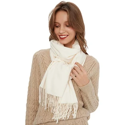 Immagine di MaaMgic Sciarpa con Frange in Tinta Unita Pashmina da Donna Morbida e Soffice di Misto Cotone per Autunno Invernale 200 * 70cm, bianco crema NON puro