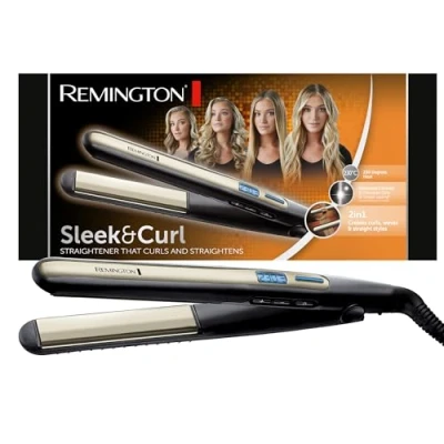 Immagine di Remington piastra Sleek &amp; Curl Ottimo per lisciare e modellare Ricci Onde Design arrotondato, rivestimento ceramico ultra, Tormalina di qualità, Display LCD, 150 230C, capelli S6500
